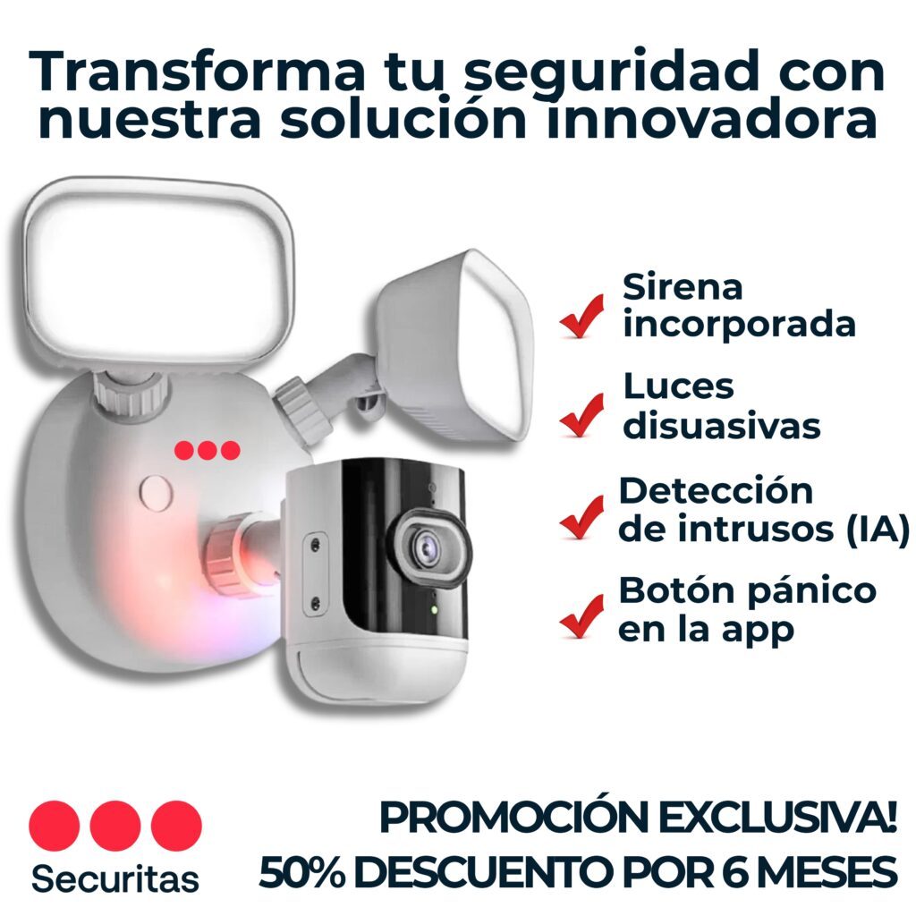 Transforma tu seguridad con nuestra solución innovadora: sirena incorporada, luces disuasivas, detección de intrusos (IA), botón pánico en la app. Promoción exclusiva: 50% de descuento por 6 meses.